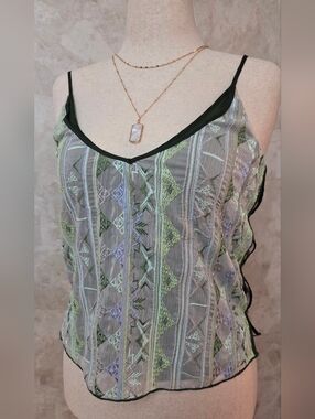 Anthropologie TINY Sheer Embroidered Cami Top XS Green Boho Lace Mesh Tank